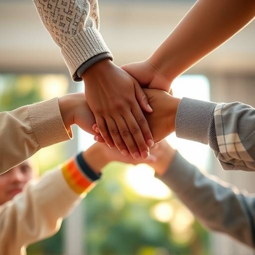 Manos unidas en un gesto de apoyo, representando los valores de comunidad y colaboración